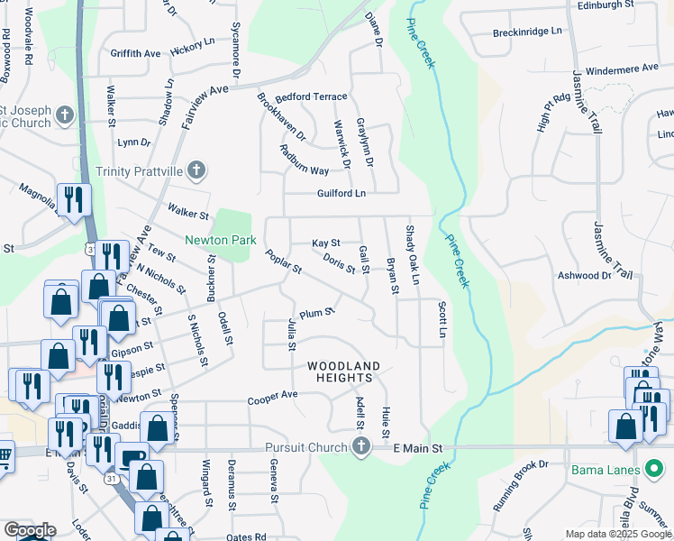 map of restaurants, bars, coffee shops, grocery stores, and more near 216 Doris Street in Prattville