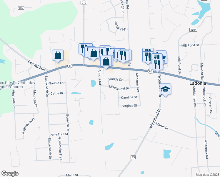 map of restaurants, bars, coffee shops, grocery stores, and more near 27 Mississippi Drive in Phenix City