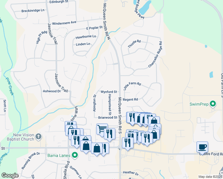 map of restaurants, bars, coffee shops, grocery stores, and more near 100 McQueen Smith Road South in Prattville