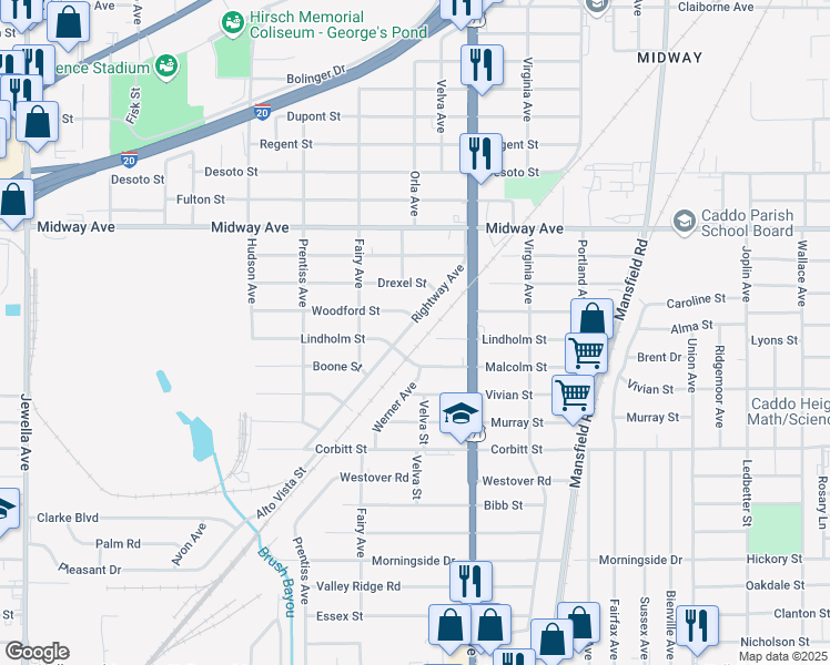 map of restaurants, bars, coffee shops, grocery stores, and more near 4611 Rightway Avenue in Shreveport
