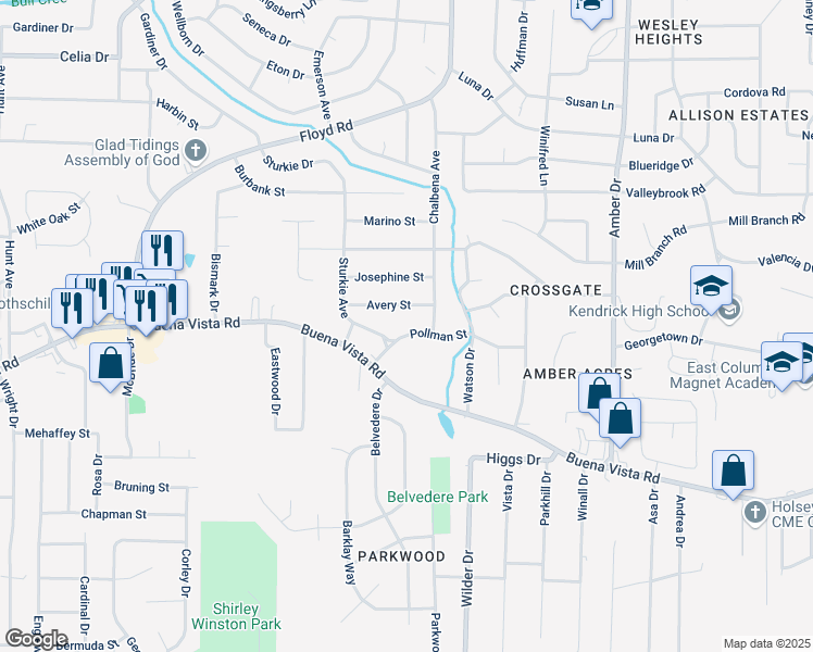 map of restaurants, bars, coffee shops, grocery stores, and more near 4827 Pollman Street in Columbus