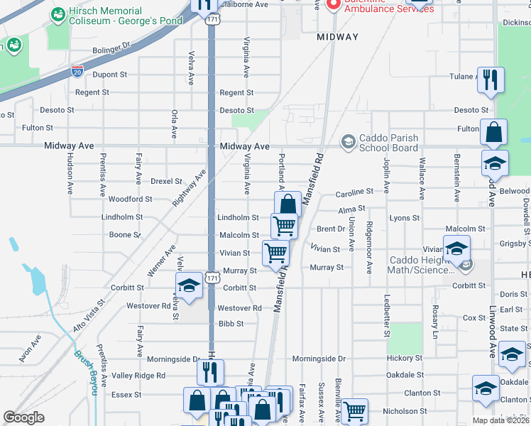 map of restaurants, bars, coffee shops, grocery stores, and more near 2524 Lindholm Street in Shreveport