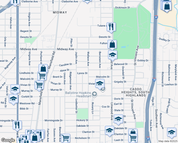 map of restaurants, bars, coffee shops, grocery stores, and more near 1761 Alma Street in Shreveport
