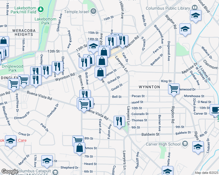 map of restaurants, bars, coffee shops, grocery stores, and more near 1115 Henry Avenue in Columbus