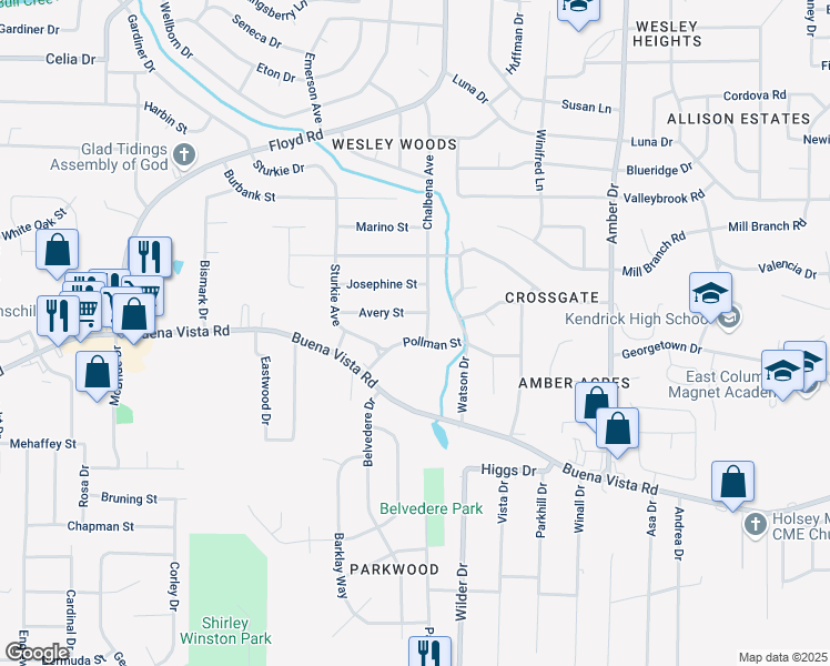 map of restaurants, bars, coffee shops, grocery stores, and more near 4827 Pollman St in Columbus