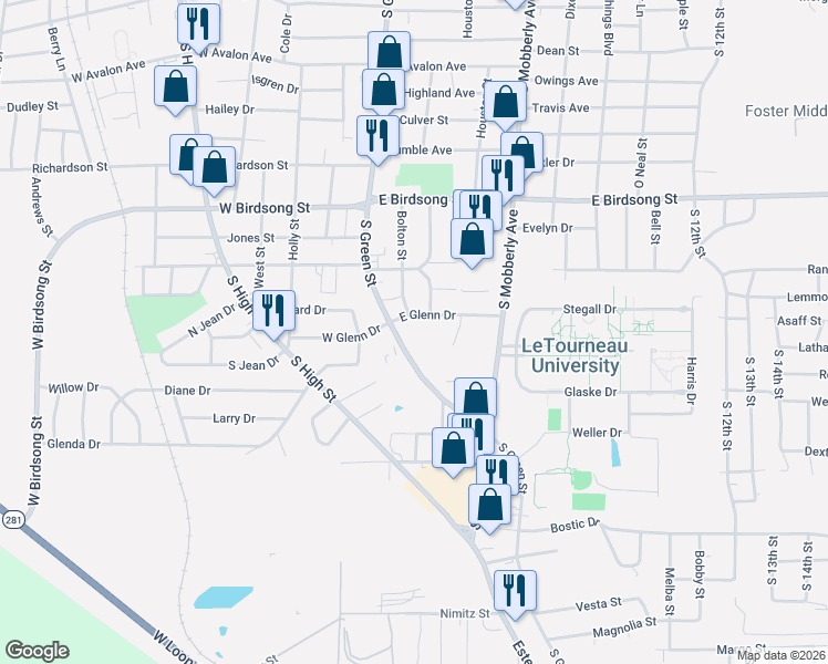 map of restaurants, bars, coffee shops, grocery stores, and more near 2116 South Green Street in Longview