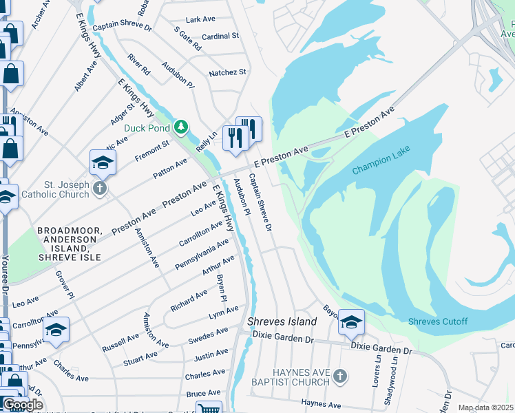 map of restaurants, bars, coffee shops, grocery stores, and more near 1510 Captain Shreve Drive in Shreveport