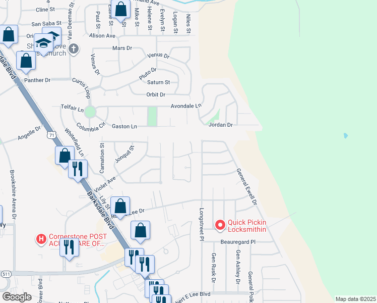 map of restaurants, bars, coffee shops, grocery stores, and more near 1800 Wild Rose in Bossier City