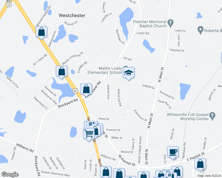 map of restaurants, bars, coffee shops, grocery stores, and more near 215 Aldred Avenue in Statesboro