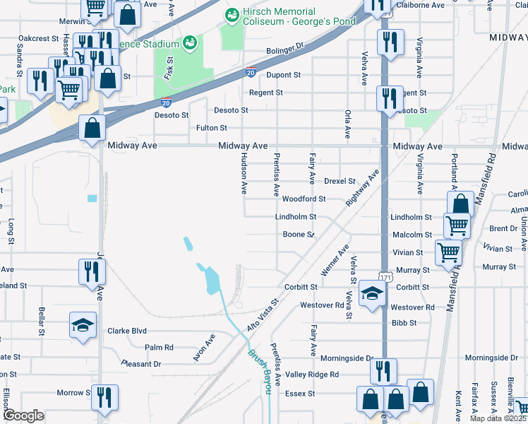 map of restaurants, bars, coffee shops, grocery stores, and more near 3124 Lindholm Street in Shreveport