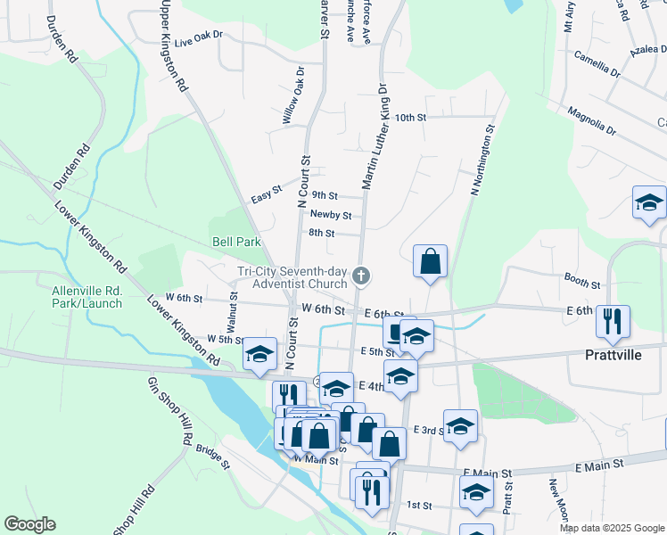 map of restaurants, bars, coffee shops, grocery stores, and more near 110 7th Street in Prattville