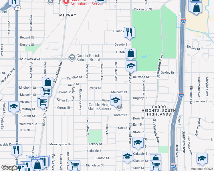 map of restaurants, bars, coffee shops, grocery stores, and more near 1739 Alma Street in Shreveport
