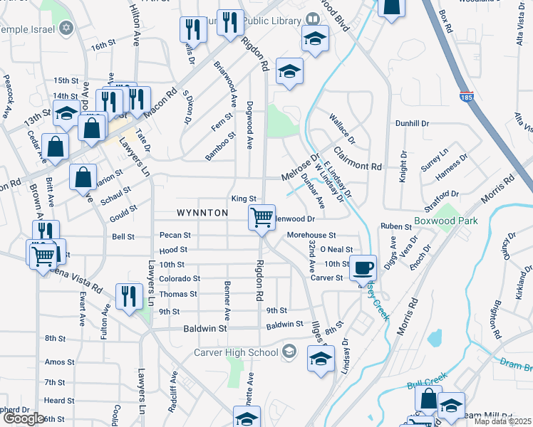 map of restaurants, bars, coffee shops, grocery stores, and more near 1054 Rigdon Road in Columbus