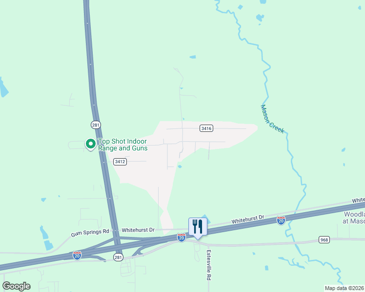 map of restaurants, bars, coffee shops, grocery stores, and more near 299 Saint Thomas Drive in Longview