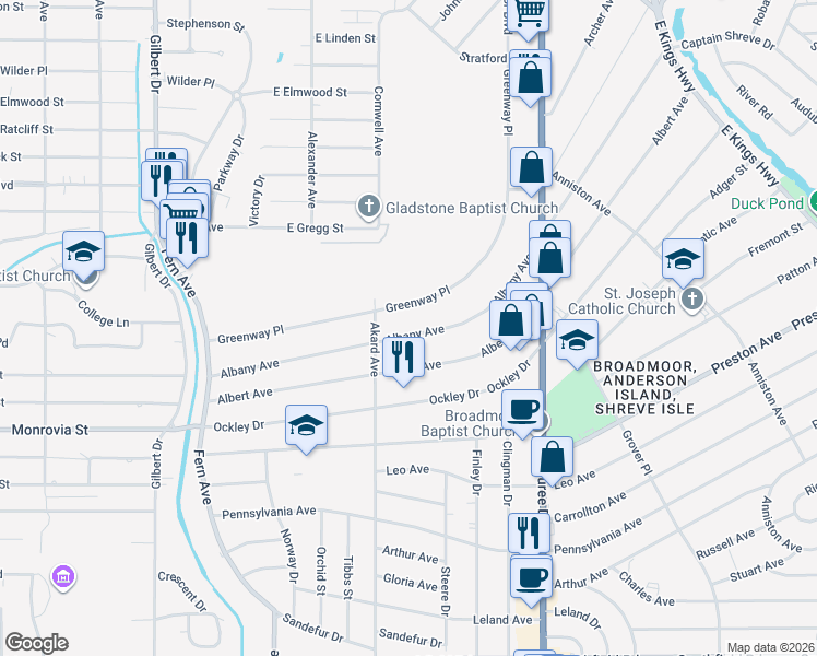 map of restaurants, bars, coffee shops, grocery stores, and more near 378 Albany Avenue in Shreveport