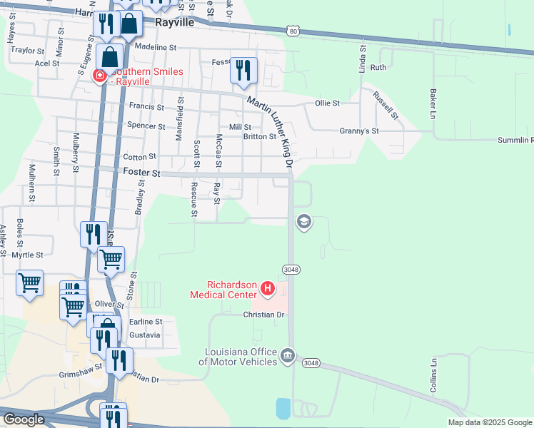 map of restaurants, bars, coffee shops, grocery stores, and more near 122 Alabama Street in Rayville