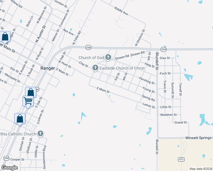 map of restaurants, bars, coffee shops, grocery stores, and more near 704 Spring Road in Ranger