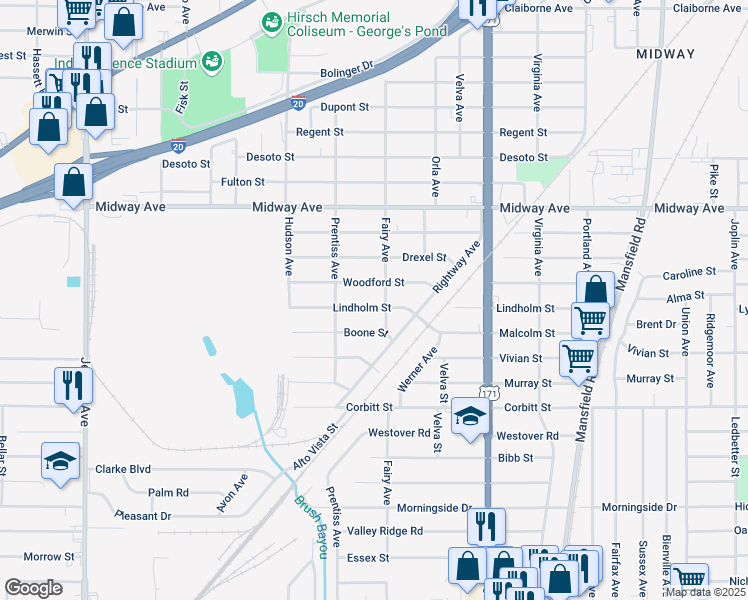 map of restaurants, bars, coffee shops, grocery stores, and more near 3002 Lindholm Street in Shreveport