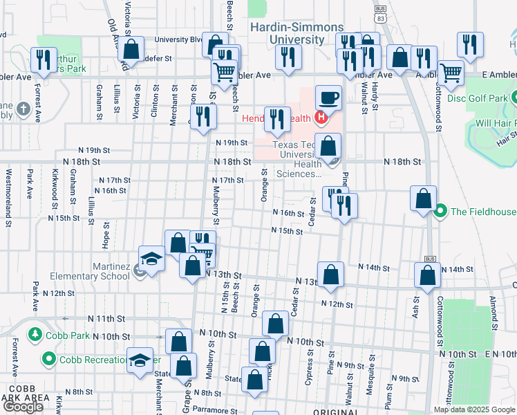 map of restaurants, bars, coffee shops, grocery stores, and more near 1602 Orange Street in Abilene