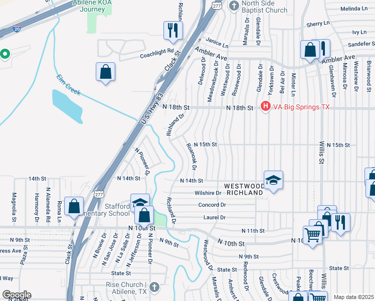 map of restaurants, bars, coffee shops, grocery stores, and more near 1474 Roanoak Drive in Abilene