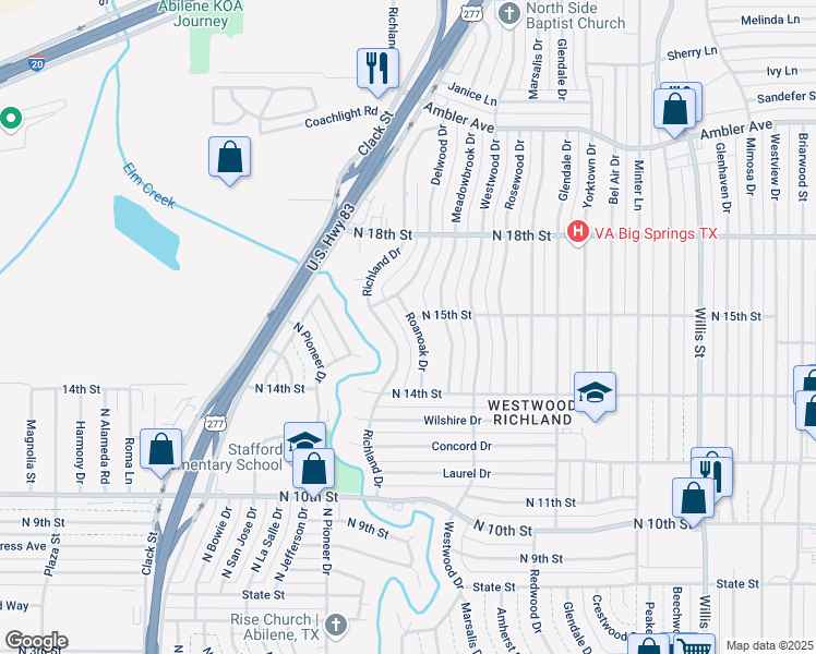 map of restaurants, bars, coffee shops, grocery stores, and more near 1474 Roanoak Drive in Abilene