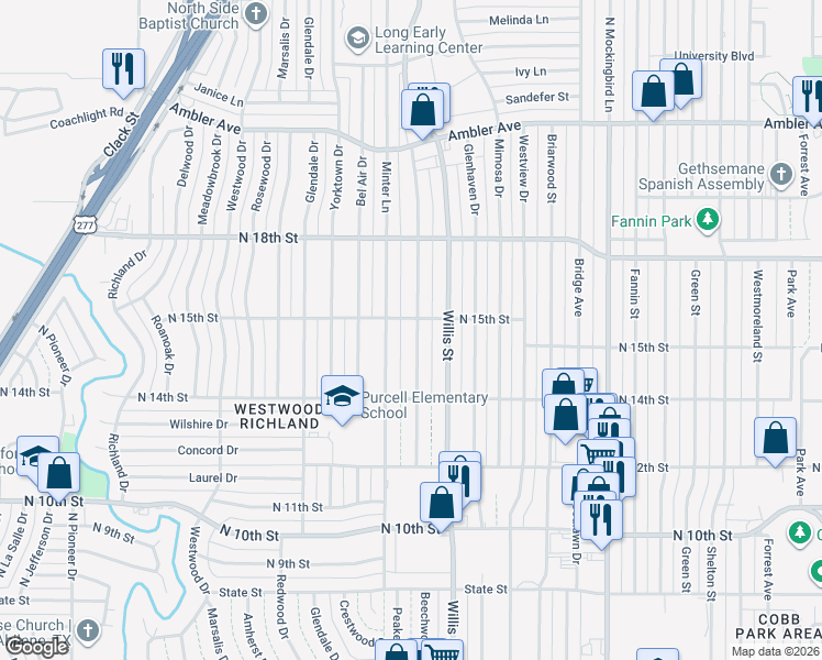 map of restaurants, bars, coffee shops, grocery stores, and more near 1463 Beechwood Lane in Abilene