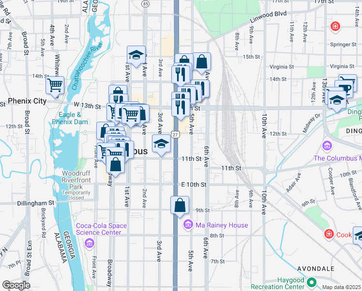 map of restaurants, bars, coffee shops, grocery stores, and more near 1124 Veterans Parkway in Columbus
