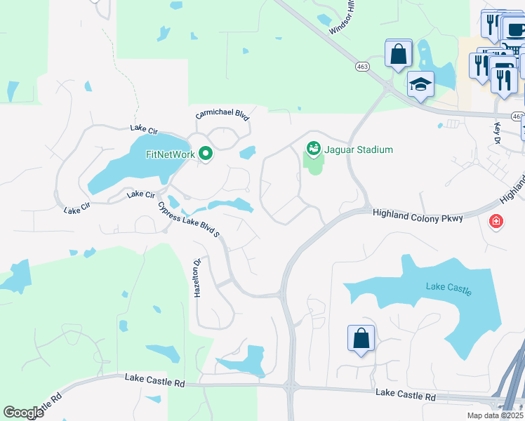 map of restaurants, bars, coffee shops, grocery stores, and more near 1417 Highland Colony Parkway in Madison