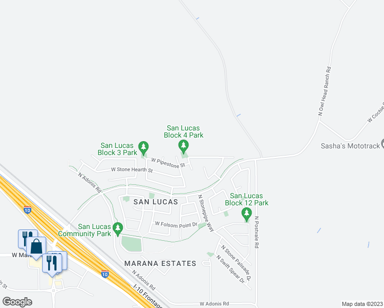 map of restaurants, bars, coffee shops, grocery stores, and more near 11260 West Copper Field Street in Marana