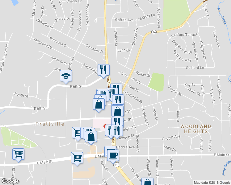 map of restaurants, bars, coffee shops, grocery stores, and more near 166 North Memorial Drive in Prattville