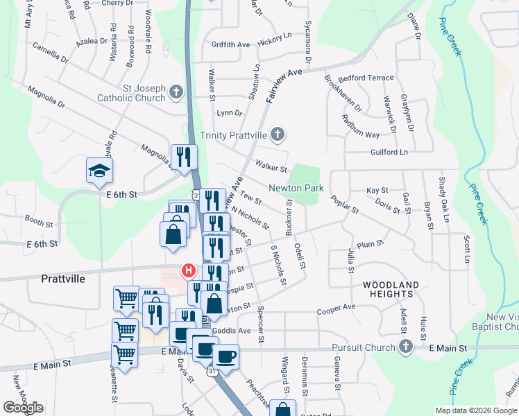 map of restaurants, bars, coffee shops, grocery stores, and more near 146 North Nichols Street in Prattville