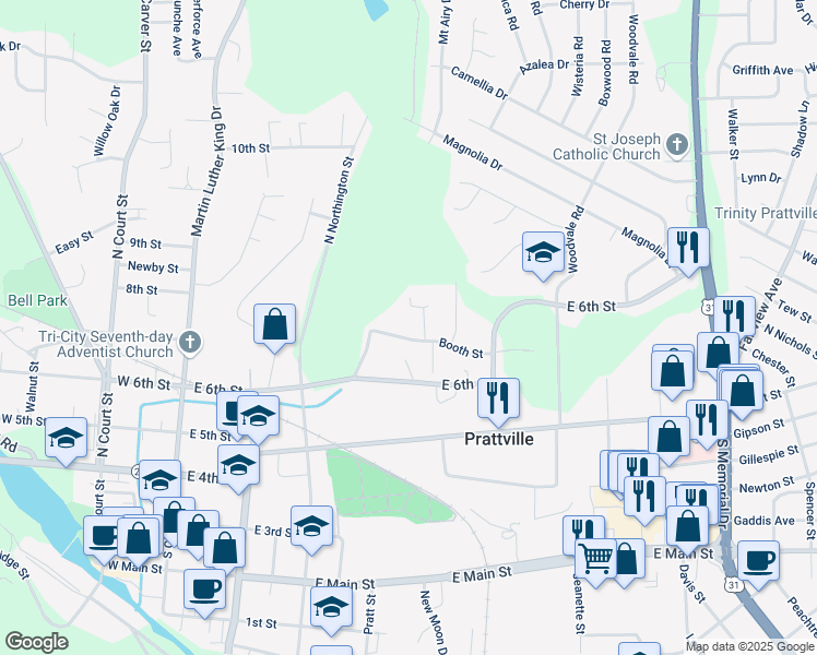 map of restaurants, bars, coffee shops, grocery stores, and more near 350 Booth Lane in Prattville