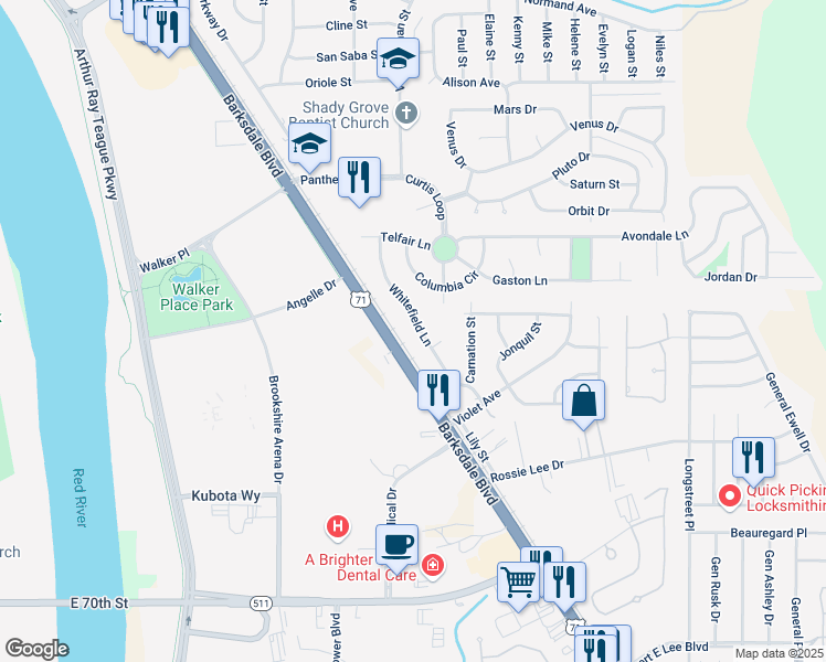 map of restaurants, bars, coffee shops, grocery stores, and more near 593 Whitefield Lane in Bossier City