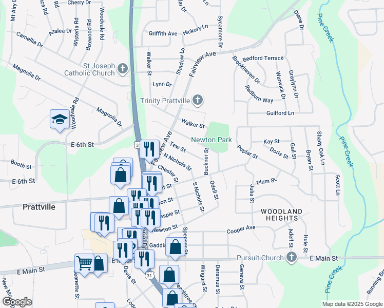 map of restaurants, bars, coffee shops, grocery stores, and more near 109 Tew Street in Prattville