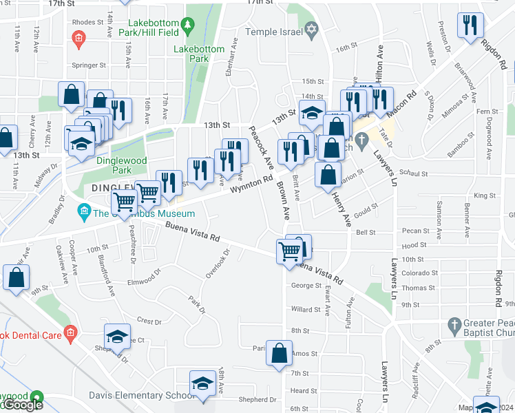 map of restaurants, bars, coffee shops, grocery stores, and more near 1131 Lockwood Avenue in Columbus