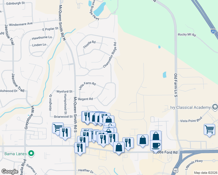 map of restaurants, bars, coffee shops, grocery stores, and more near 659 Little Farm Road in Prattville
