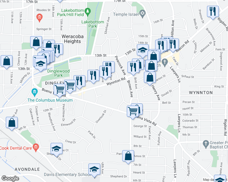 map of restaurants, bars, coffee shops, grocery stores, and more near 2000 Wynnton Road in Columbus