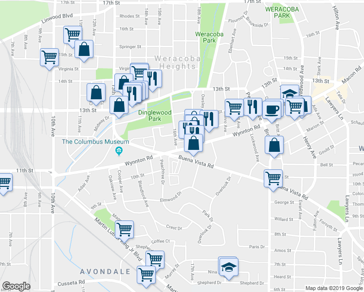 map of restaurants, bars, coffee shops, grocery stores, and more near 1532 Wynnton Road in Columbus