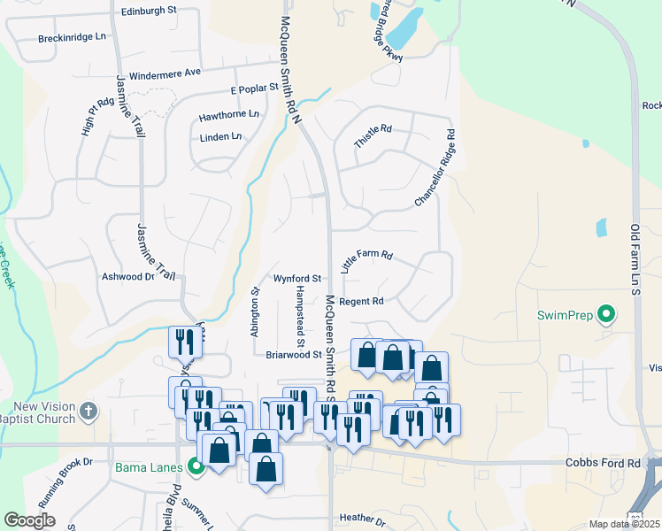 map of restaurants, bars, coffee shops, grocery stores, and more near 611 Little Farm Road in Prattville
