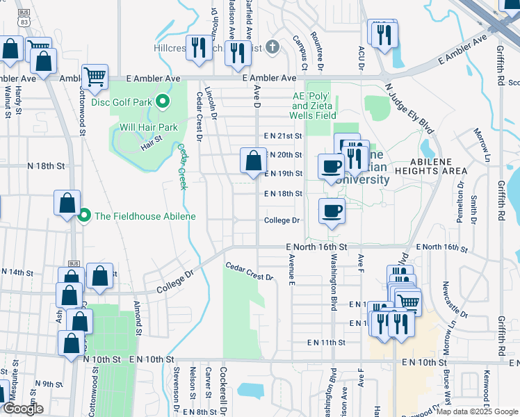 map of restaurants, bars, coffee shops, grocery stores, and more near 618 College Drive in Abilene