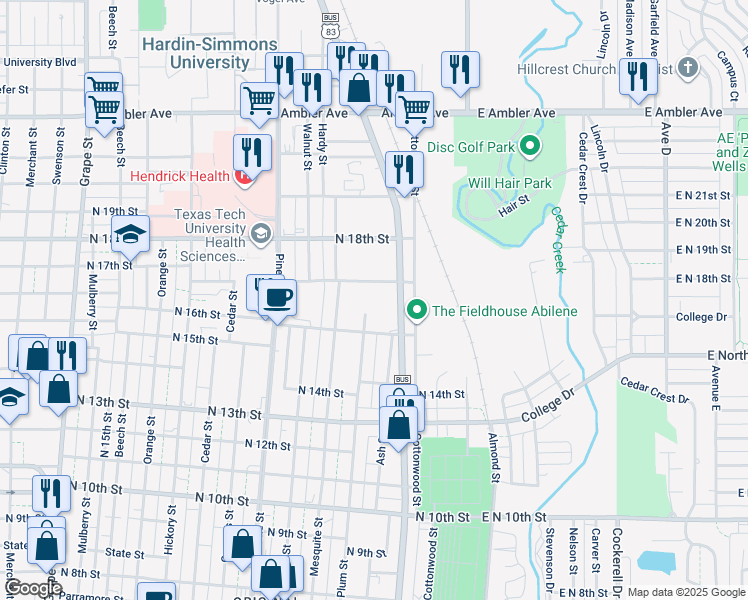 map of restaurants, bars, coffee shops, grocery stores, and more near 1634 Plum Street in Abilene