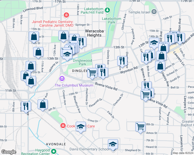 map of restaurants, bars, coffee shops, grocery stores, and more near 1609 Wynnton Road in Columbus