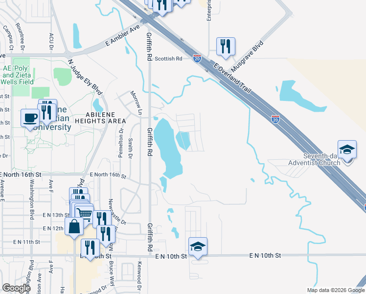 map of restaurants, bars, coffee shops, grocery stores, and more near 1718 Sina Avenue in Abilene