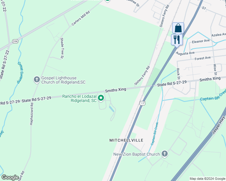 map of restaurants, bars, coffee shops, grocery stores, and more near State Road S-27-29 in Ridgeland