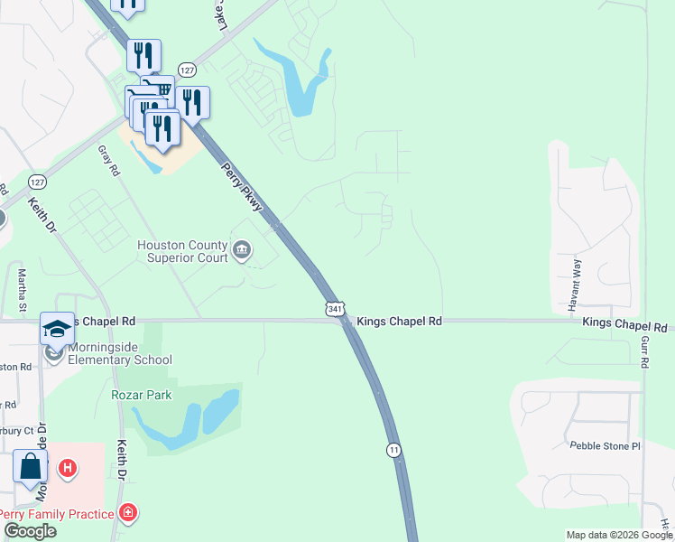 map of restaurants, bars, coffee shops, grocery stores, and more near 200 Perry Parkway in Perry