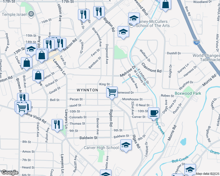 map of restaurants, bars, coffee shops, grocery stores, and more near 2931 East Wynnton Lane in Columbus