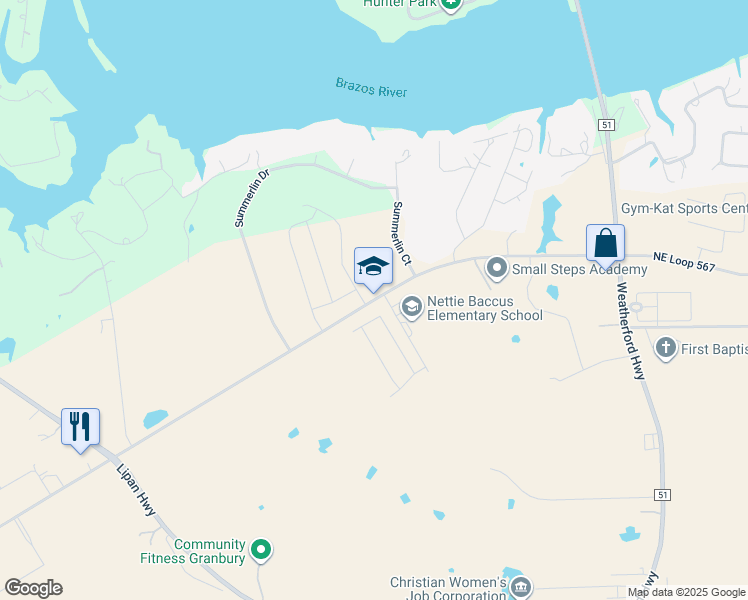 map of restaurants, bars, coffee shops, grocery stores, and more near 901 Loop 567 in Granbury