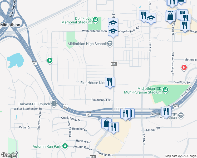 map of restaurants, bars, coffee shops, grocery stores, and more near 301 Lena Ln in Midlothian