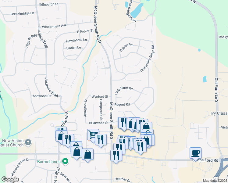 map of restaurants, bars, coffee shops, grocery stores, and more near 611 Little Farm Road in Prattville