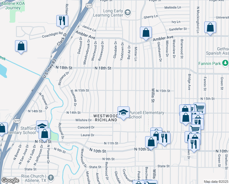 map of restaurants, bars, coffee shops, grocery stores, and more near 1489 Glendale Drive in Abilene